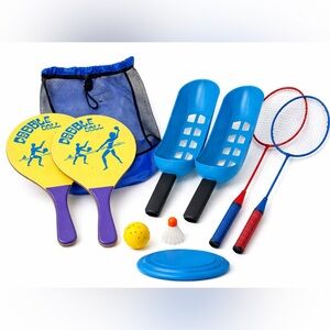Beach & Backyard Games Bundle – Paddle Ball, Badminton, Toss Scoops & Disc